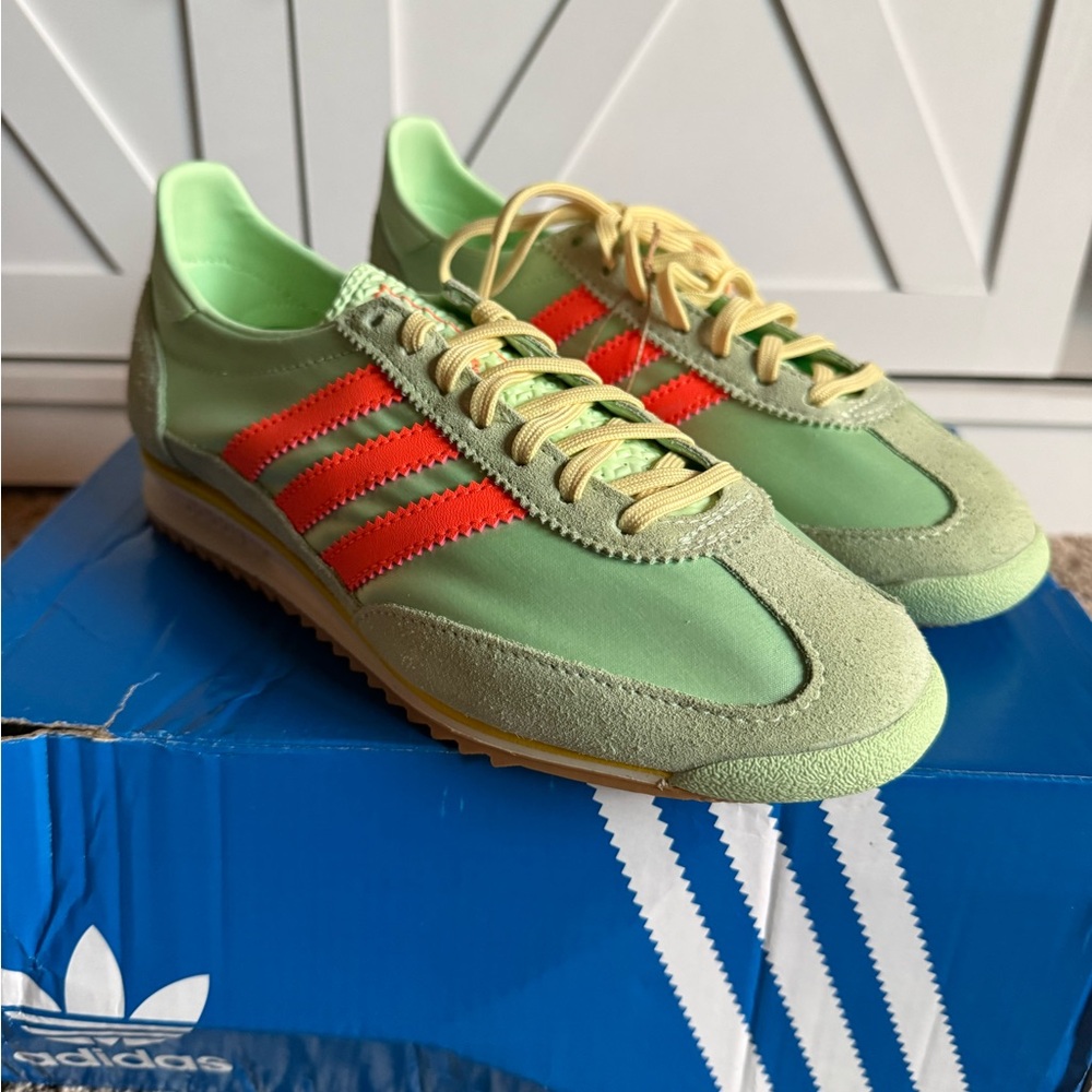 adidas Men’s Mint Green Sneakers with Orange Stripes